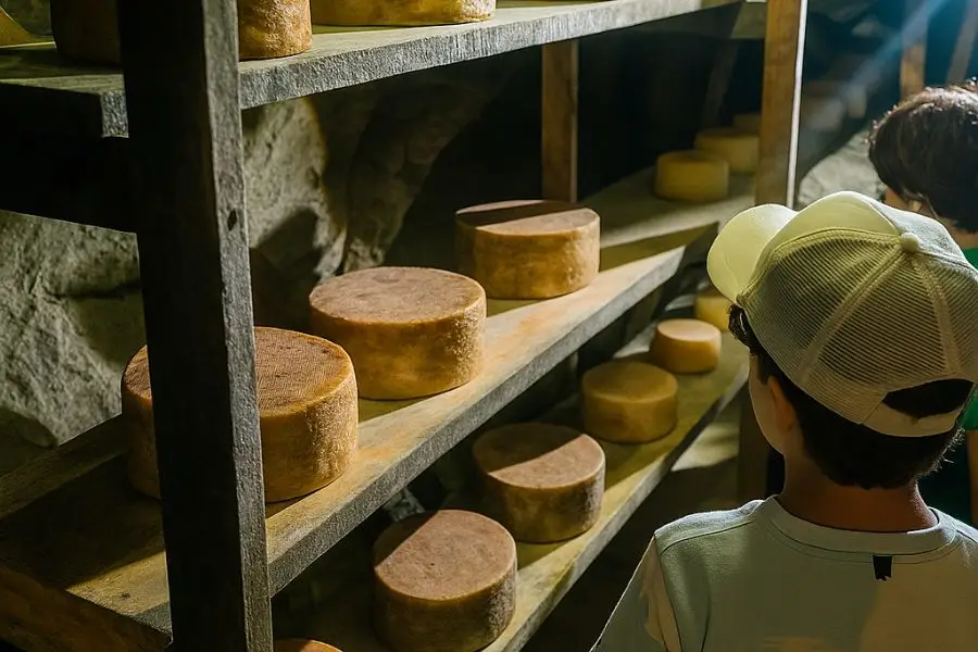 niños visitando la mina de queso de Vallelongo